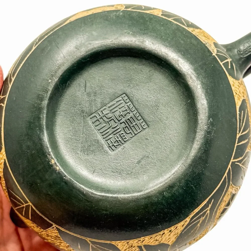 Vintage Yixing Zisha Teapot Chinese Carved Floral Green Clay Pottery Signed